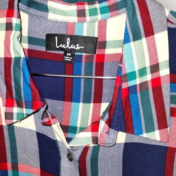 LULUS Womens Tunic Sz Medium Red‎ Blue Plaid Long Sleeve Flared Shirt Dress Prep - Picture 6 of 13